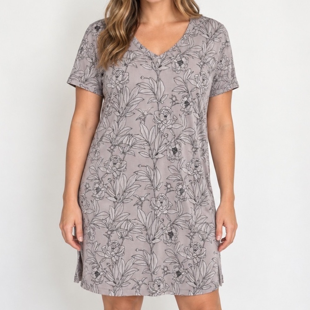 Tahari Floral Shift Dress Women's Medium V Neck Short Sleeve Gray Career Casual